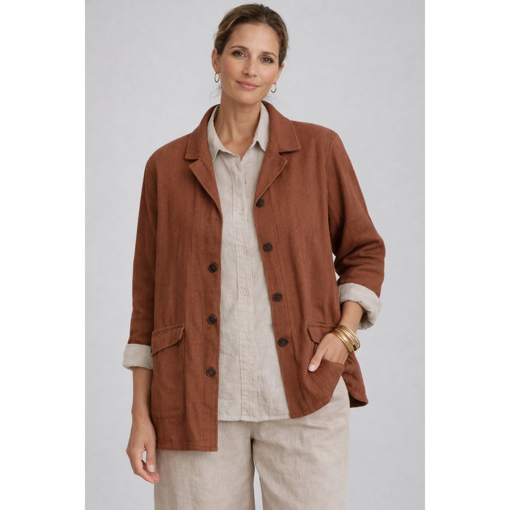 NWT FLAX Linen Jacket Shirt Women Sz M Brown Herringbone Long Sleeve Lagenlook